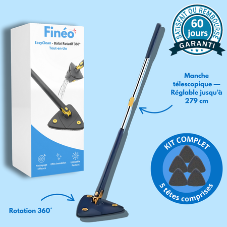EasyClean - Balai Rotatif 360° Tout-En-Un + 5 Têtes Microfibres